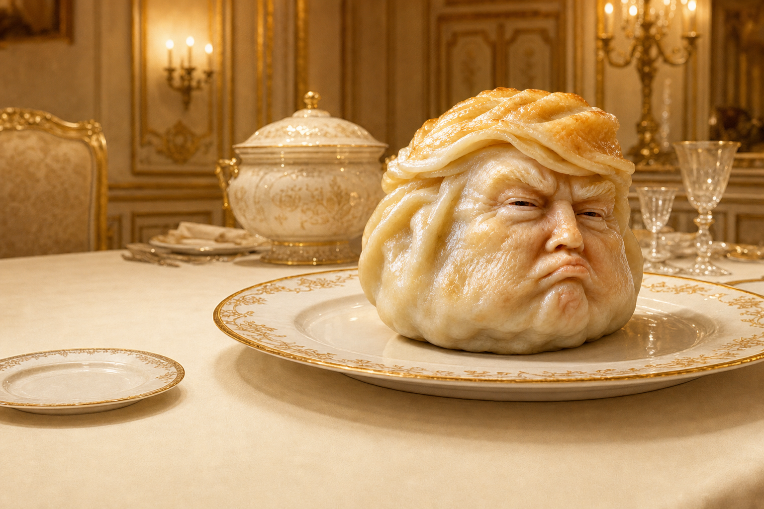 trumpling, a golden dumpling with folded pleat hair, seated on a gilded porcelain platter in an ornate dining room