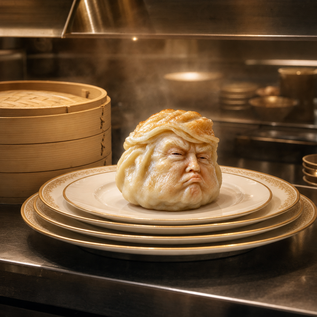 trumpling resting on a stack of gold-rimmed plates in a steamy kitchen beside bamboo steamer baskets